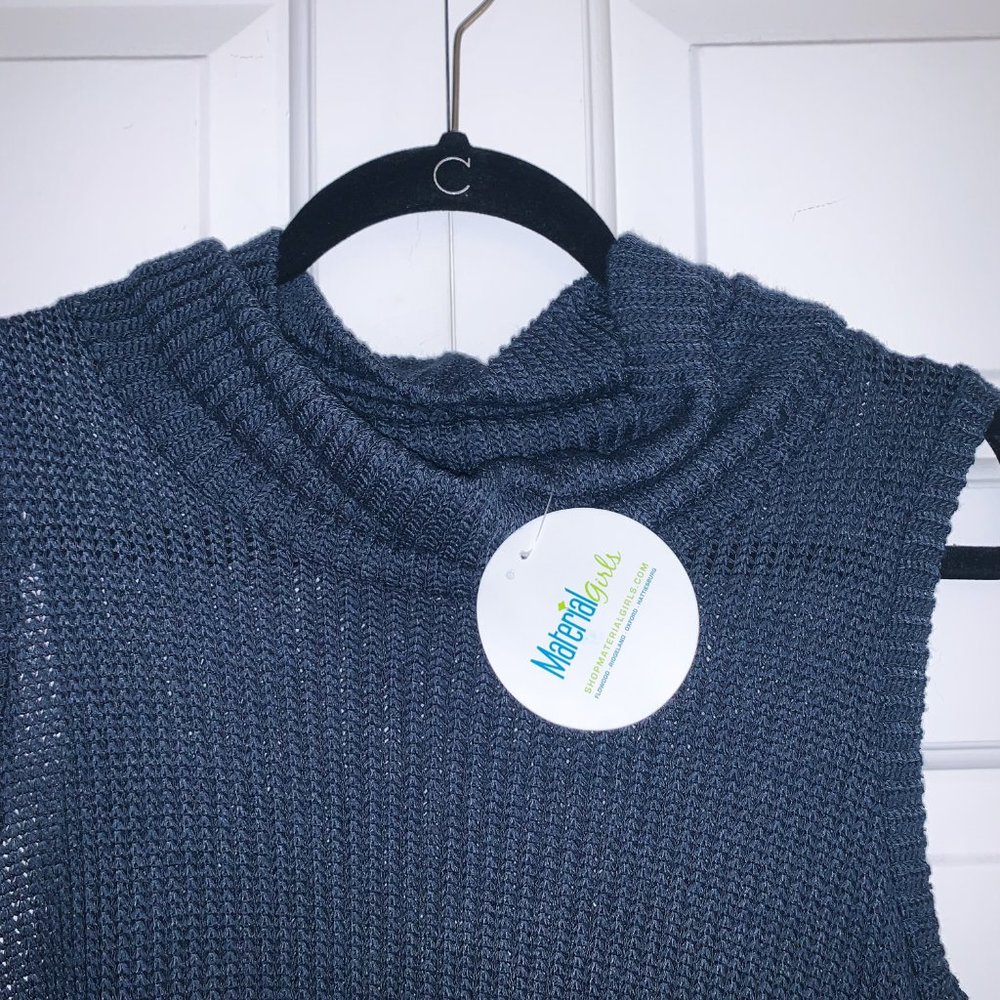 Navy Blue Knit Cowl Neck Sleeveless Sweater